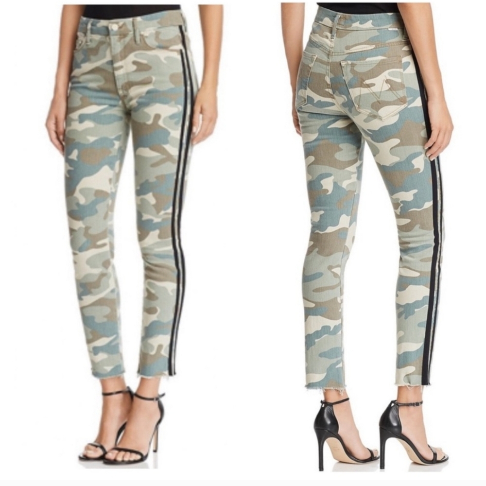 MOTHER High Waisted Looker See Me Run Ankle Jeans Fray Hem sz 29 Camo